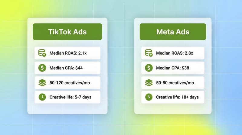 Two-column comparison of TikTok Ads versus Meta Ads showing ROAS, CPA, creative volume and creative lifespan metrics