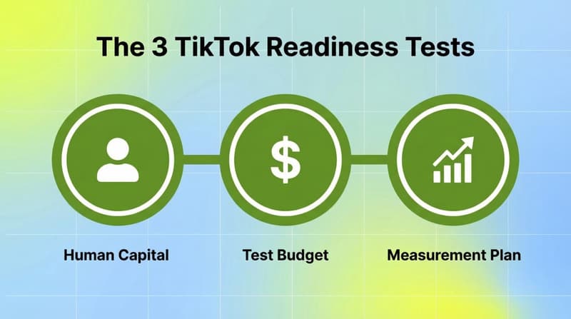 Process flow rings showing the 3 TikTok readiness tests: Human Capital, Test Budget, Measurement Plan