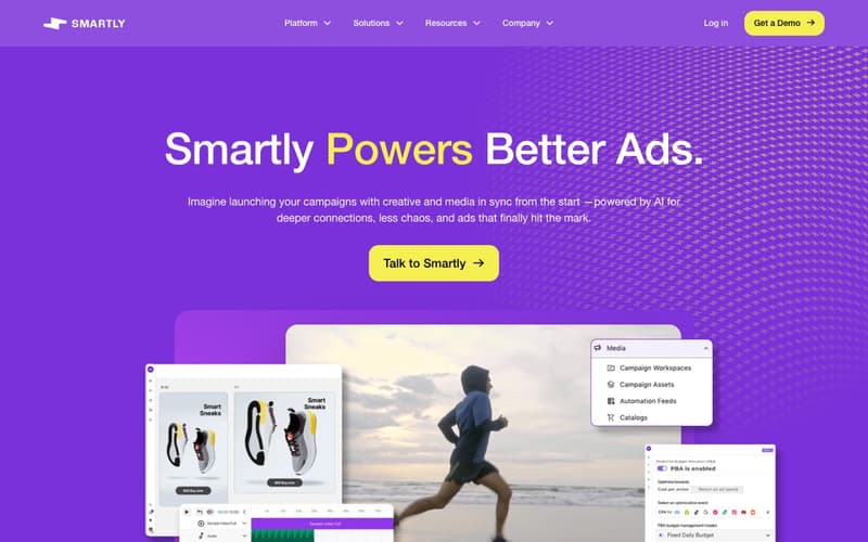 Smartly homepage showing its AI advertising platform with creative and media tools in one place