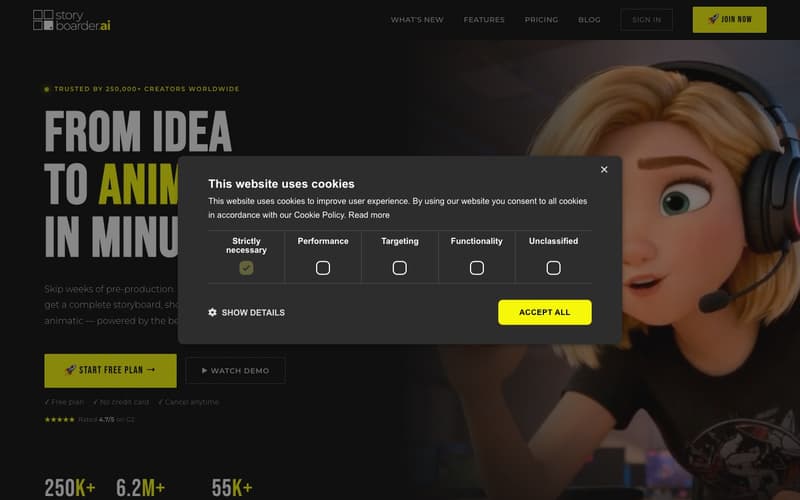 Storyboarder.ai homepage with the from idea to animatic in minutes headline and a cookie banner