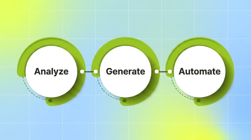 Three ring process flow showing the creative ROAS loop stages analyze generate and automate