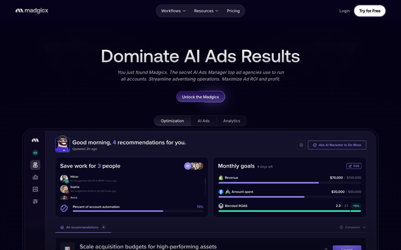 Madgicx homepage for AI ads results