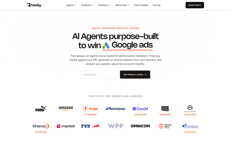 Hawky homepage for an agentic performance marketing platform