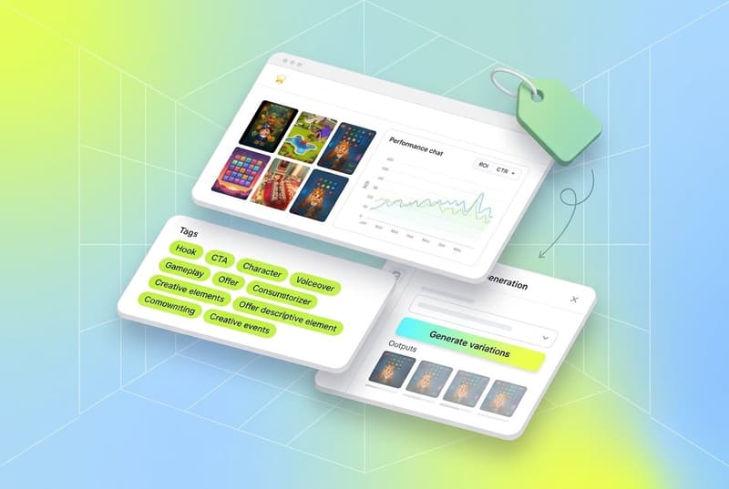 The AI Creative Stack 2026: layered cards showing Segwise dashboard, tags, and creative generation panel