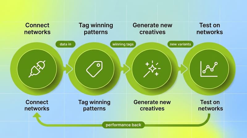 Four connected green rings showing the closed loop from connecting networks to tagging patterns generating creatives and testing performance