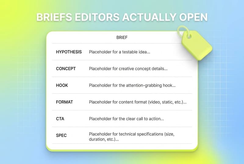 1-page creative brief format on a tilted card with brand label tag accent