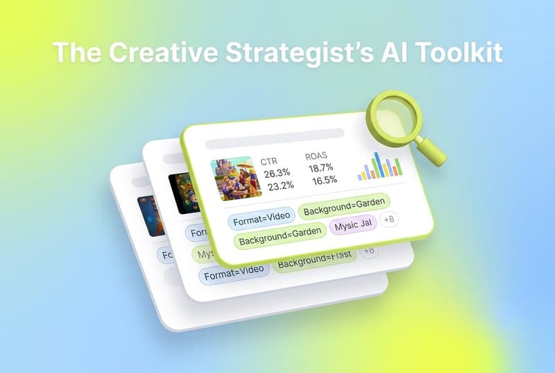 Layered creative performance cards with a magnifying glass, titled the creative strategist's AI toolkit