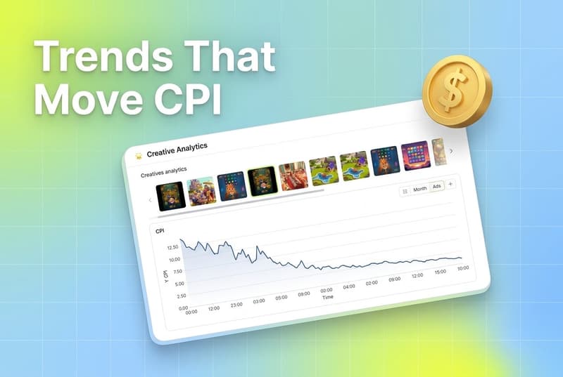 Tilted creative analytics card showing ad thumbnails and a downward CPI trendline, with a 3D dollar coin accent