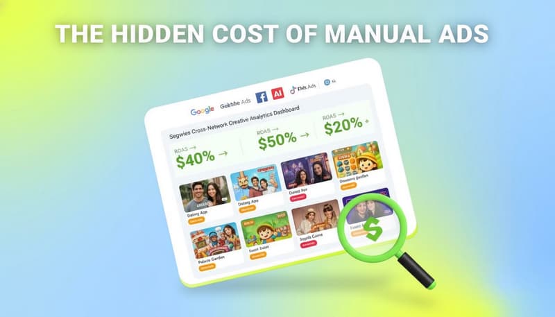 Segwise cross-network creative analytics dashboard card tilted, magnifying glass accent, headline "The Hidden Cost of Manual Ads"