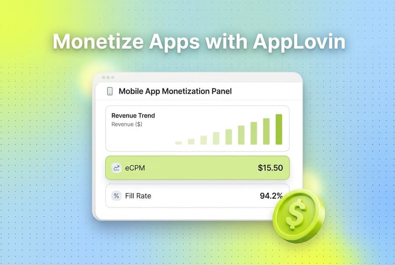White revenue dashboard card showing eCPM and fill rate metrics with a 3D dollar coin for AppLovin app monetization