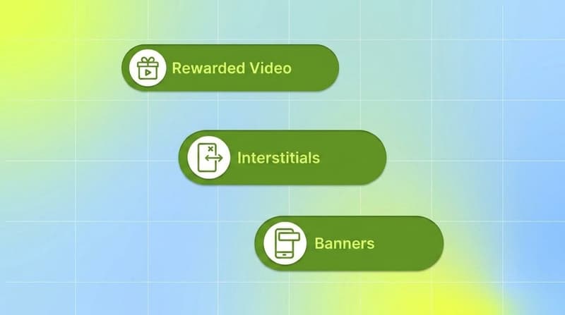 Green pill list of AppLovin ad formats including rewarded video, interstitials, and banners
