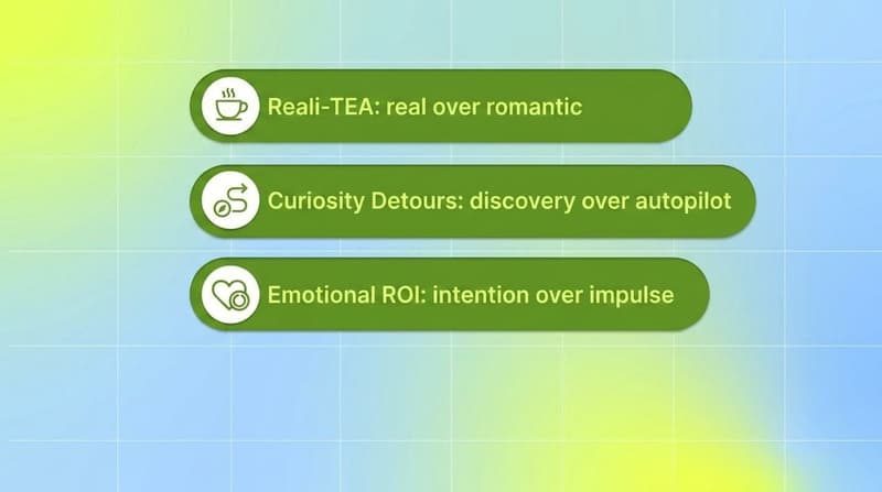 Three green pill list showing the TikTok 2026 trend signals: Reali-TEA, Curiosity Detours, and Emotional ROI