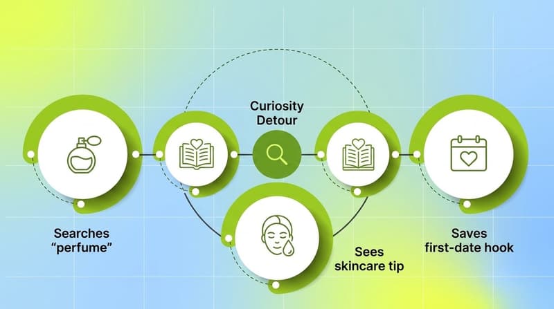 Four green rings showing a TikTok search detour path from perfume through booktok, skincare, and first-date content