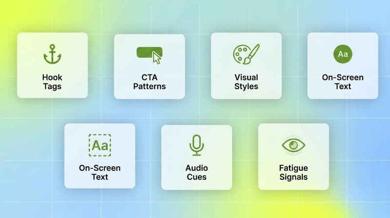 Six white feature cards showing creative elements Segwise tags from TikTok ads: hooks, CTAs, visual styles, text, audio, fatigue signals