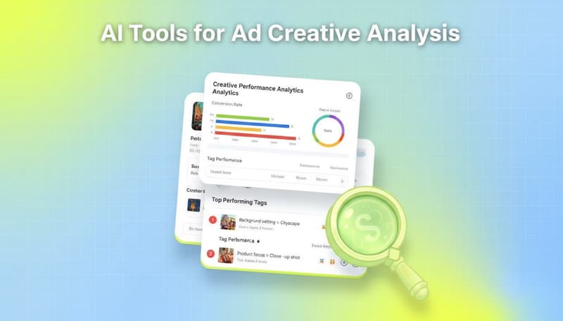 Segwise blog cover showing layered creative cards with magnifying glass accent and headline 'Top 10 AI Tools for Ad Creative Analysis 2026'