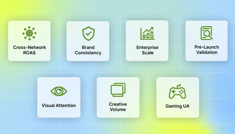 Feature grid showing 7 decision criteria for choosing an AI creative analysis tool: Cross-Network ROAS, Brand Consistency, Enterprise Scale, Pre-Launch Validation, Visual Attention, Creative Volume, Gaming UA