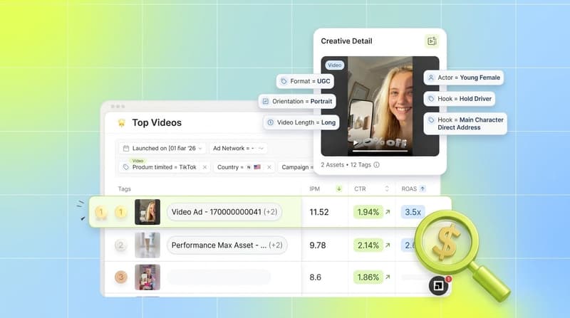 Segwise interface showing a tagged UGC video creative beside a top-performing videos table with CTR and ROAS columns