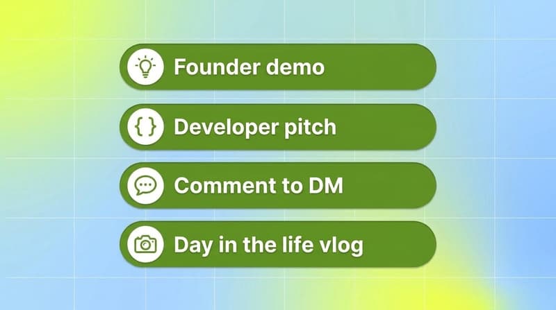 Four vibe coding ad concepts: founder demo, developer pitch, comment-to-DM creator ad and day-in-the-life vlog