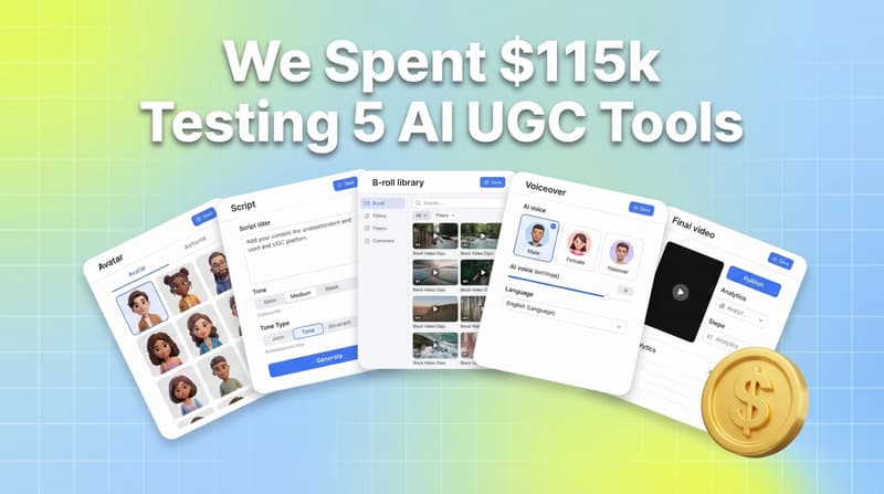Five AI UGC platform interface cards fanned out with a dollar coin accent and bold headline text