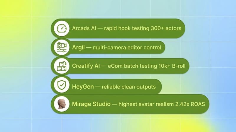 Five AI UGC platforms compared as green pill list showing key strengths for Arcads, Argil, Creatify, HeyGen, and Mirage Studio