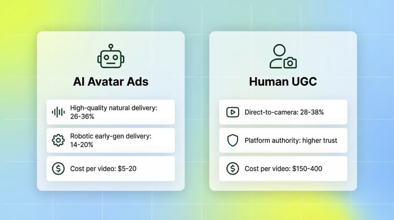 Comparison of AI avatar ads vs human UGC showing hook rate benchmarks and cost per video side by side