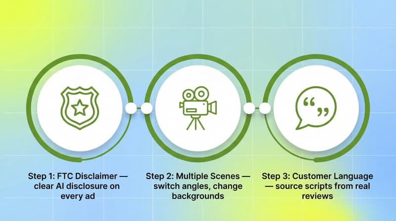 Three-step process flow rings diagram showing FTC Disclaimer, Multiple Scenes, and Customer Language as the no-slop AI UGC framework