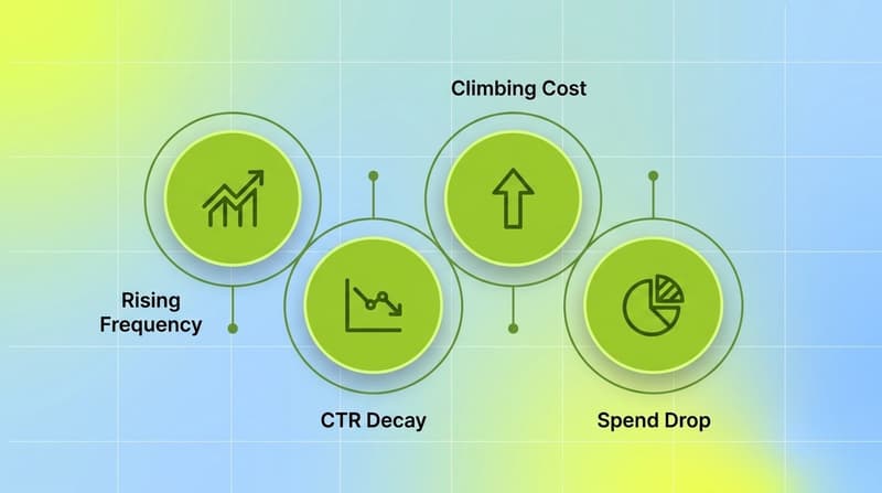 Cluster of four early-warning fatigue signals: rising frequency, CTR decay, climbing cost, and spend-share drop