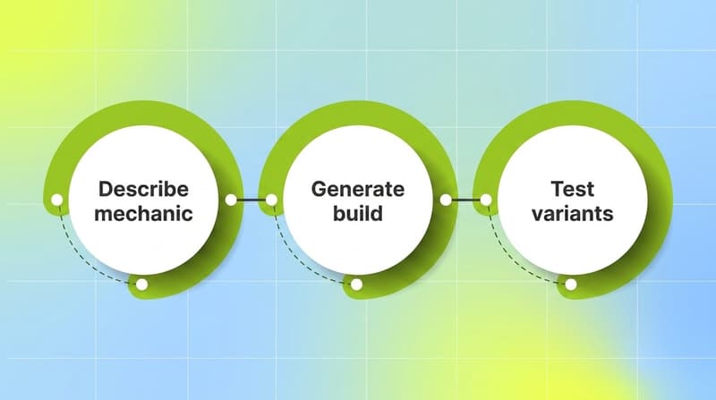 Three-ring green process flow for AI playable ad production: describe the mechanic, generate the build, then test variants