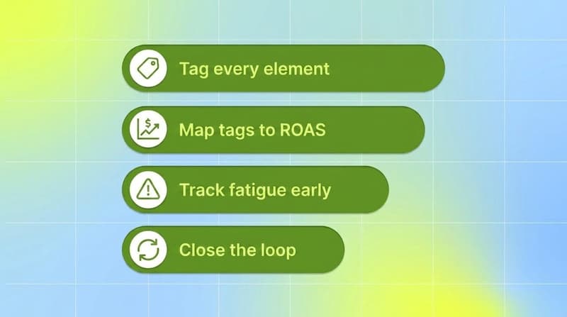 Green pill list of the measurement layer for creatives: tag every element, map tags to ROAS, track fatigue early, and close the loop