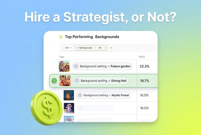 Segwise creative analytics dashboard card with a 3D dollar coin and the headline Hire a Strategist or Not