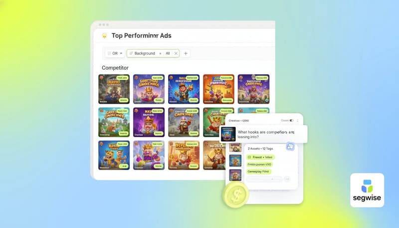 Segwise Competitor Tracking Agent UI showing tagged competitor ad thumbnails and an AI Chat answer about competitor hooks