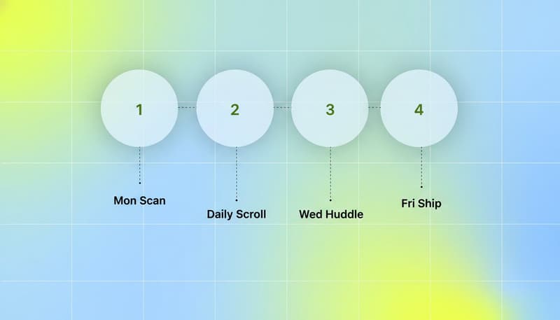 Four numbered circles showing the weekly UA inspiration routine: Monday scan, daily scroll, Wednesday huddle, Friday ship