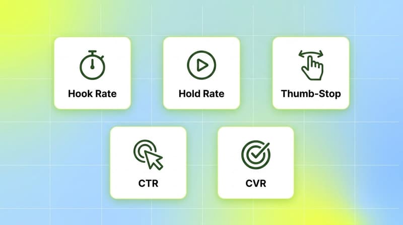 Five creative-level metrics shown as cards: hook rate, hold rate, thumb-stop, CTR and CVR