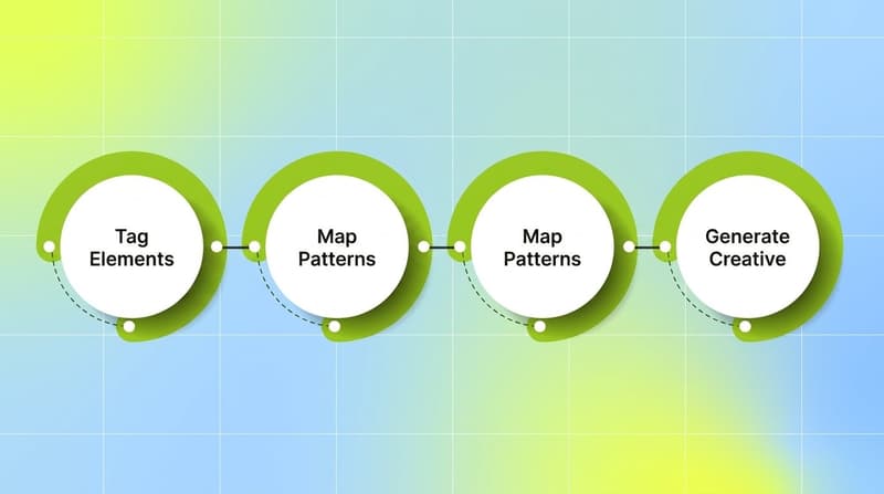 Three-step process flow showing Tag Elements, Map Patterns, and Generate Creative as connected rings