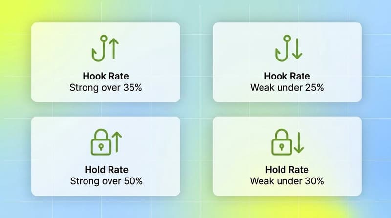 Four white cards comparing strong and weak hook rate and hold rate benchmarks for Meta video ads
