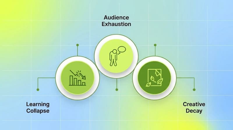 Three connected green circles labeled Learning Collapse, Audience Exhaustion, and Creative Decay