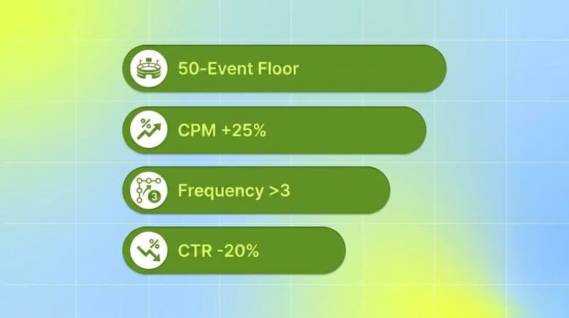 Four green pills listing the 50-event floor, CPM plus 25 percent, frequency over 3, and CTR minus 20 percent
