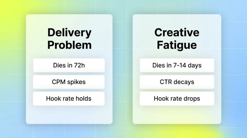 Two white comparison cards contrasting a delivery problem with creative fatigue by timing and signals