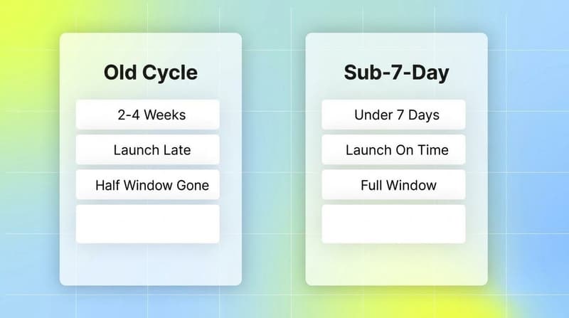 Three connected green nodes showing the compressed-cycle stack layers: AI volume, tagged briefs, and parallel iteration