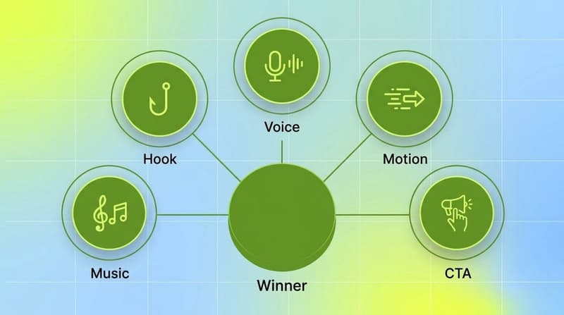 Cluster diagram breaking one winning ad into five creative attributes: hook, voice, motion, CTA, music
