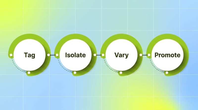 Four-ring process flow showing the iteration framework steps tag, isolate, vary, and promote