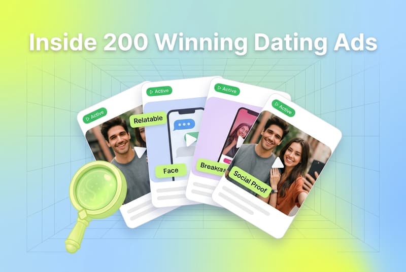 Fan of dating ad creatives tagged Relatable, Face and Social Proof under the headline Inside 200 Winning Dating Ads