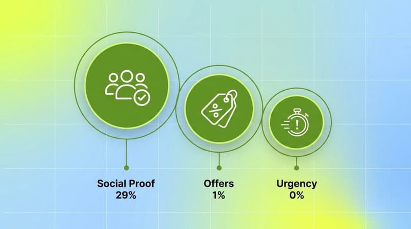 Three green circles showing trust beats incentives in dating ads: social proof 29 percent, offers 1 percent, urgency 0 percent