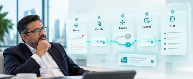 Banking IT leader viewing a five-step delivery failure control loop: detect, classify, reroute, confirm and log, with a failed message route switched to another
