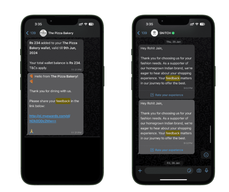 User based whatsapp comms for retention