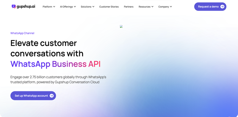 Gupshup WhatsApp Business API page offering customer engagement across WhatsApp powered by Gupshup Conversation Cloud