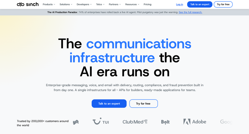 Sinch homepage describing enterprise messaging, voice and email infrastructure with built-in routing, compliance and fraud prevention