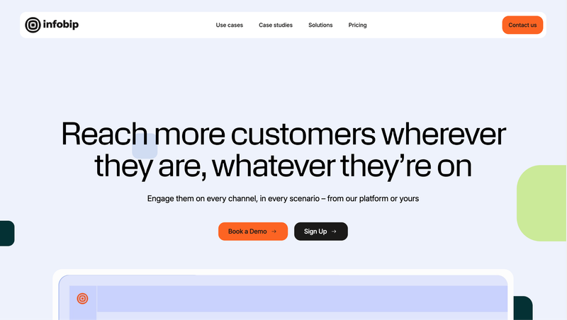 Infobip homepage showing its omnichannel customer engagement platform spanning every channel and scenario