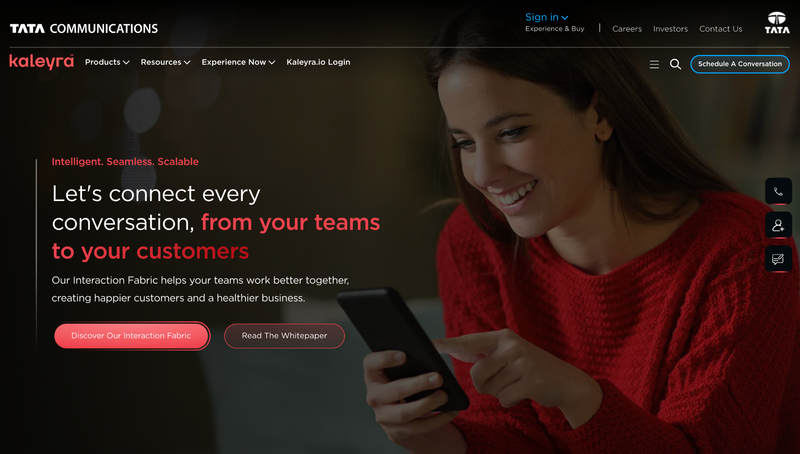 Kaleyra homepage under Tata Communications branding, presenting its Interaction Fabric for team and customer conversations