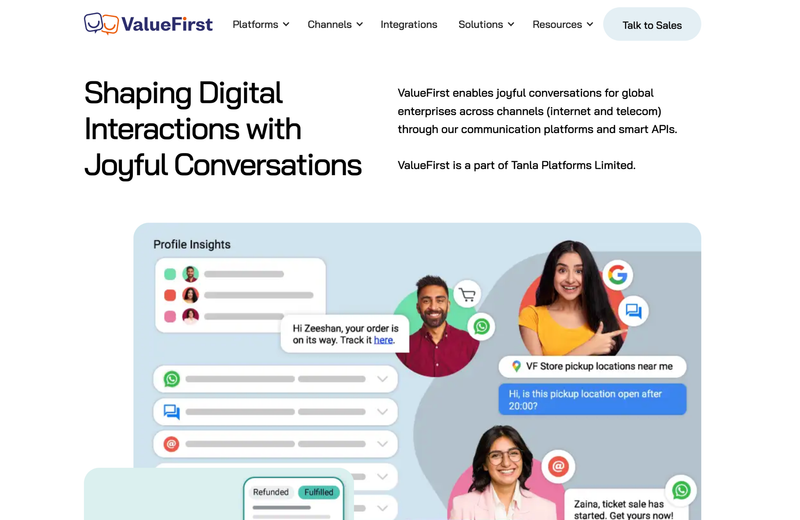ValueFirst homepage stating it is part of Tanla Platforms, offering communication platforms and APIs across internet and telecom channels